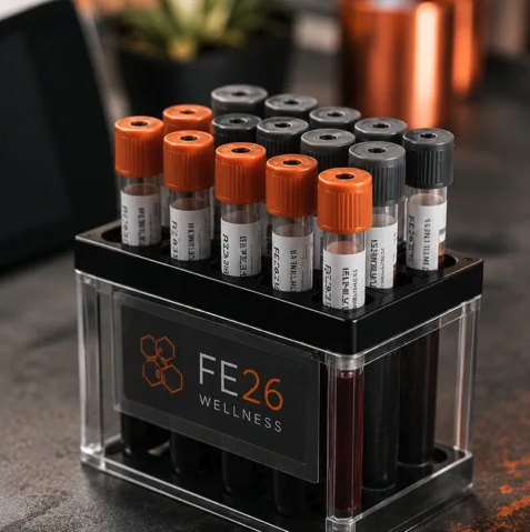 Fe26 Wellness biometrics sample vials in a clear display case