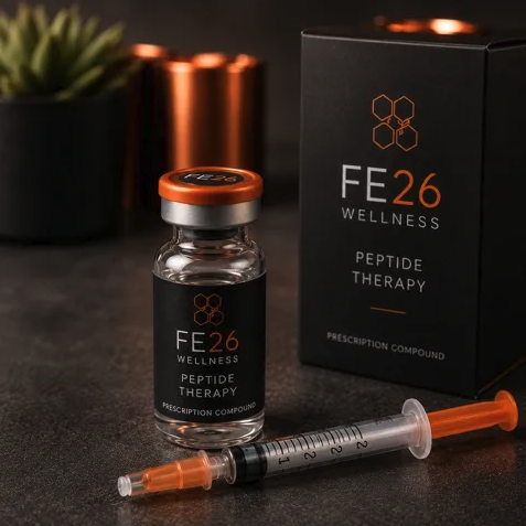Fe26 Wellness peptide therapy vial with syringe and branded product box